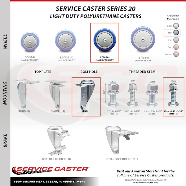 Service Caster 4 Inch Blue Polyurethane Wheel Swivel 10mm Threaded Stem Caster SCC SCC-TS20S414-PPUB-BLUE-M1015 - main